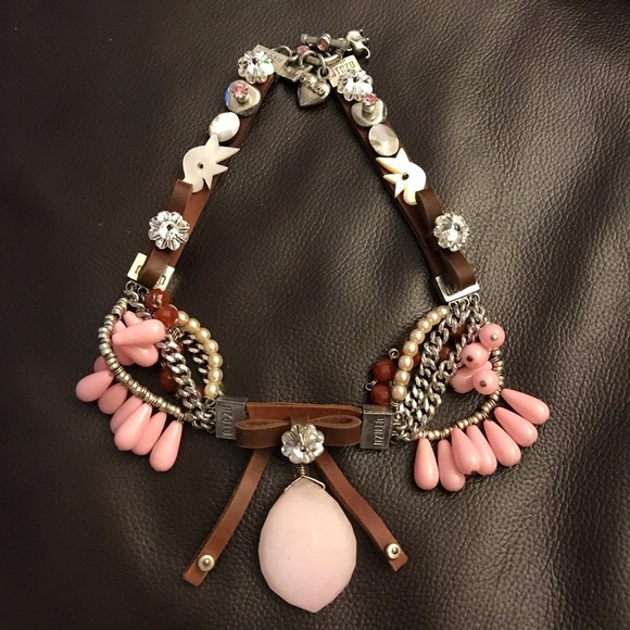 Otazu Jewelry - Rodrigo Otazu statement Necklace Leather, Stone, Crystal rose quartz crystals